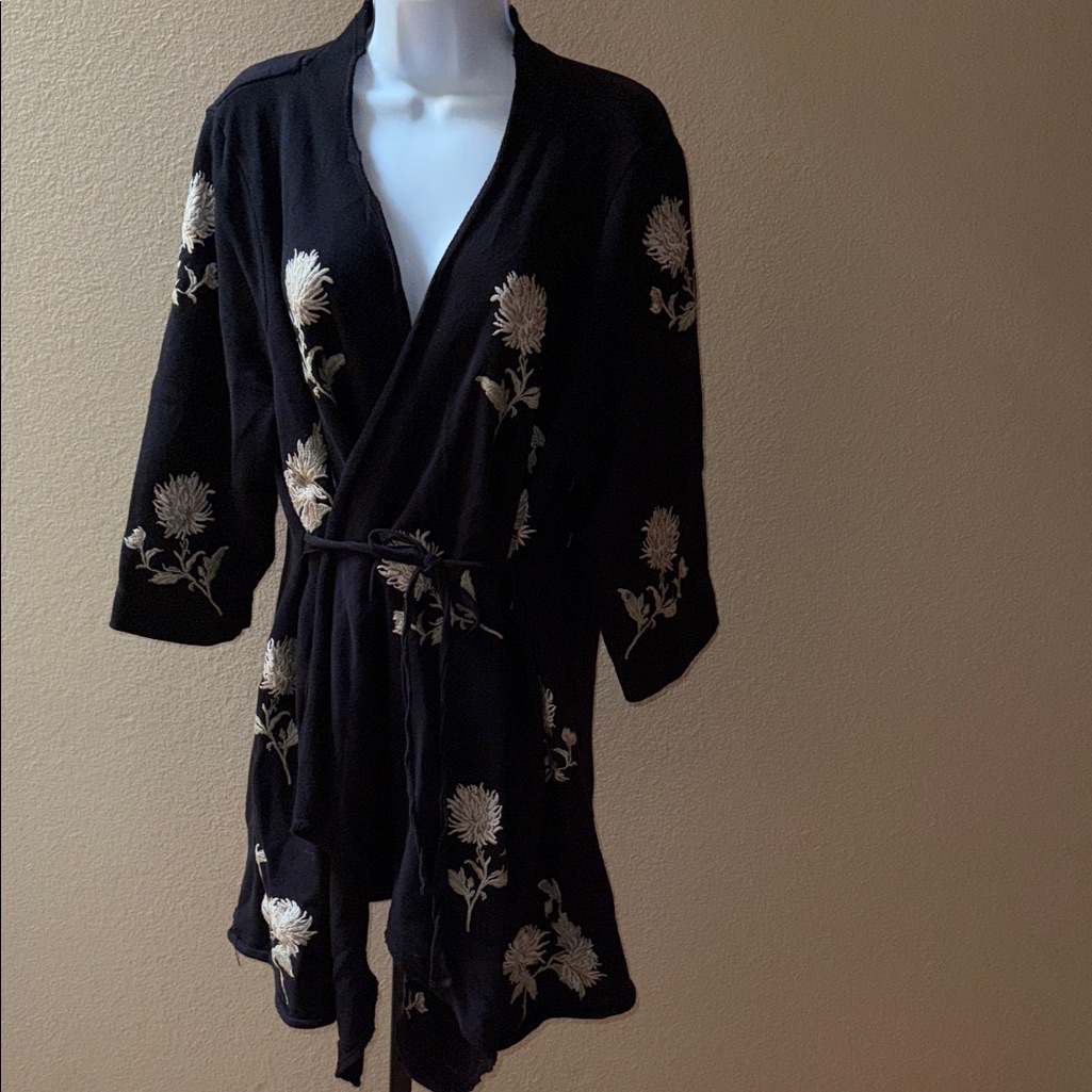 Htf Johnny Was Margarit Cotton Knit Jersey Black Floral Embroidered Kimono Sz 1x